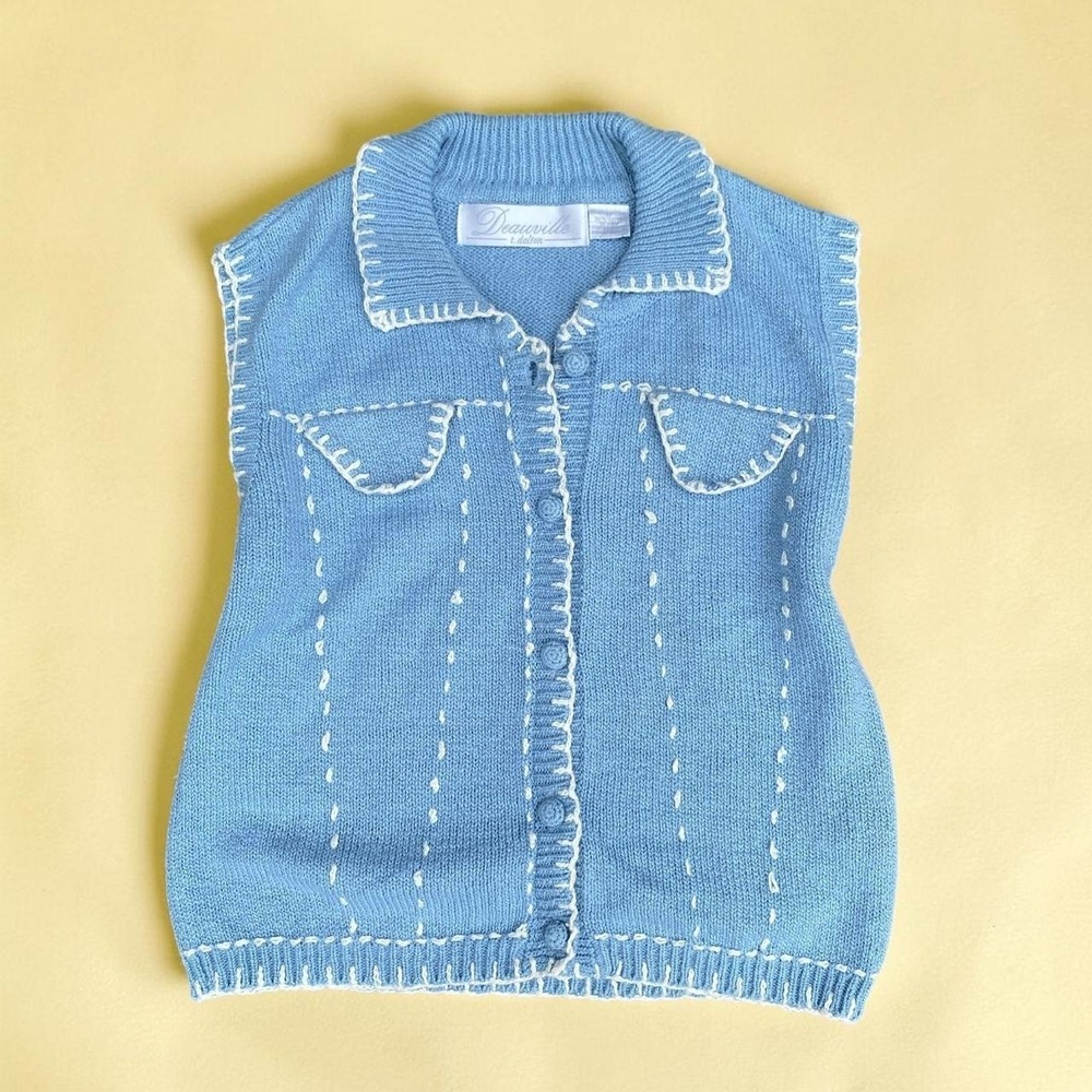 Vintage Light Blue Contrast Stitch Knit Sweater Vest Deauville T. Dalton